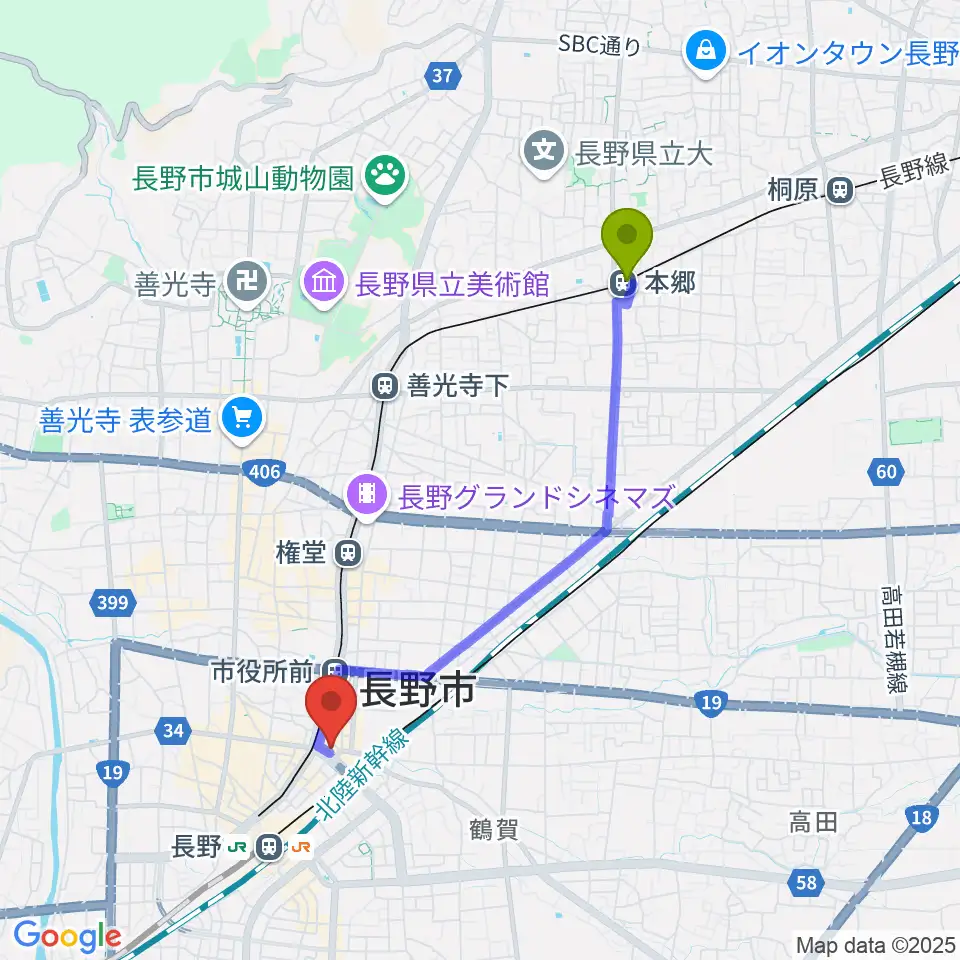 本郷駅からアイミュージックスクールへのルートマップ地図