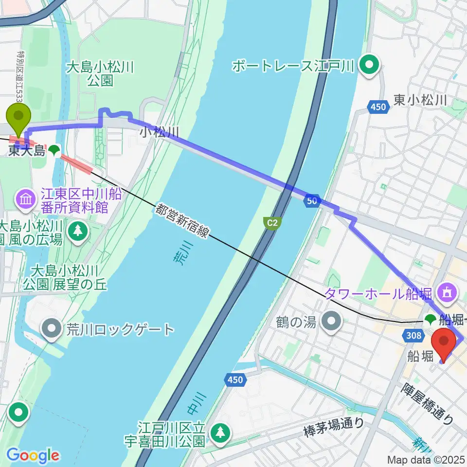 東大島駅から小林音楽教室 船堀教室へのルートマップ地図