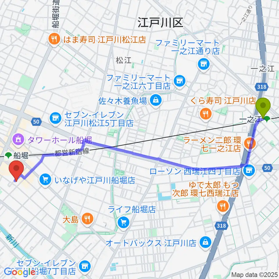 一之江駅から小林音楽教室 船堀教室へのルートマップ地図