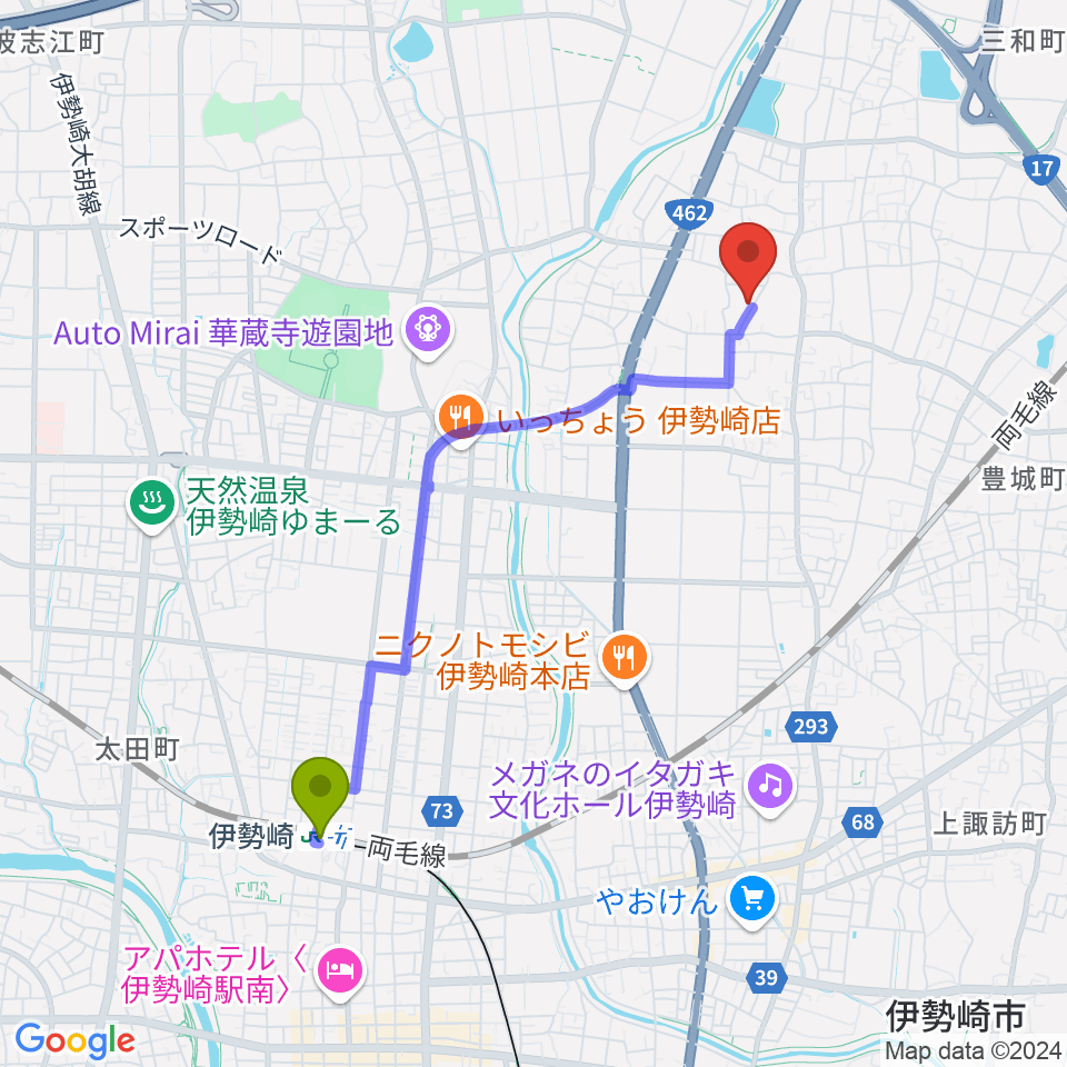 矢島音楽教室の最寄駅伊勢崎駅からの徒歩ルート（約39分）地図