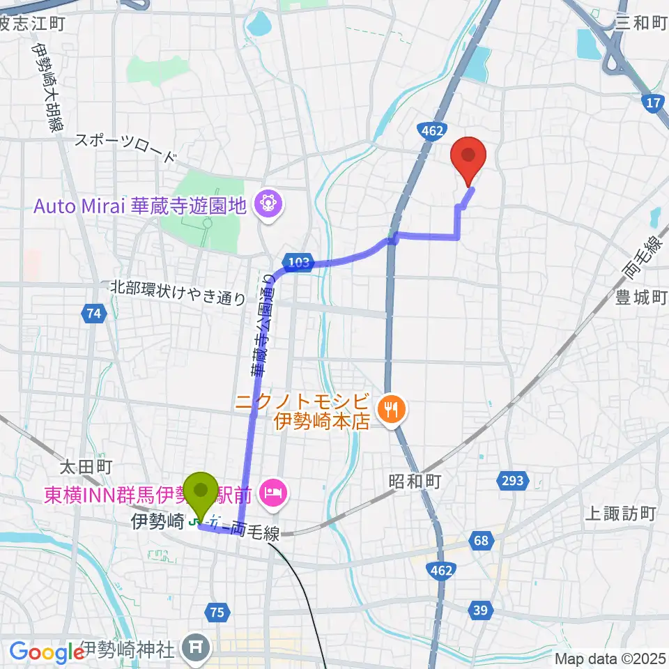 矢島音楽教室の最寄駅伊勢崎駅からの徒歩ルート（約39分）地図