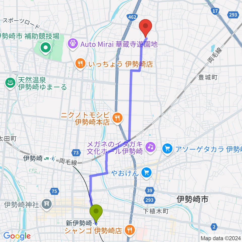 新伊勢崎駅から矢島音楽教室へのルートマップ地図