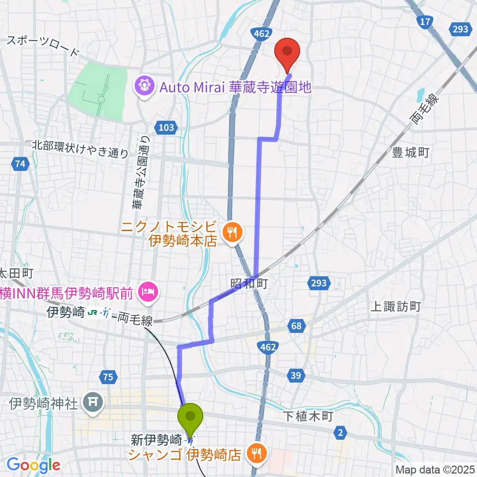 新伊勢崎駅から矢島音楽教室へのルートマップ地図