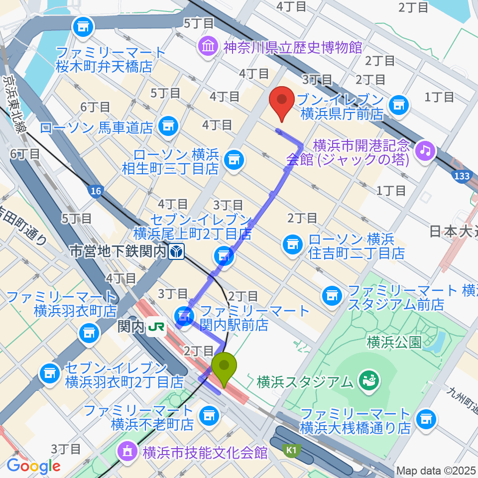 関内駅から弁天スタジオへのルートマップ地図