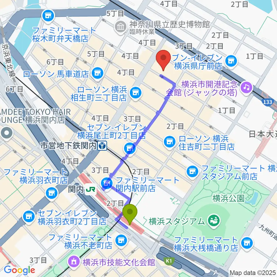 関内駅から弁天スタジオへのルートマップ地図