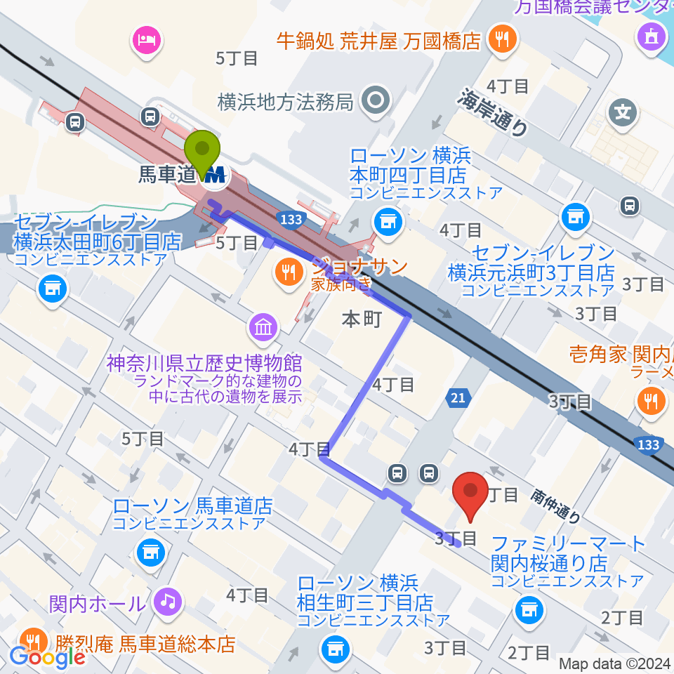 弁天スタジオの最寄駅馬車道駅からの徒歩ルート（約5分）地図