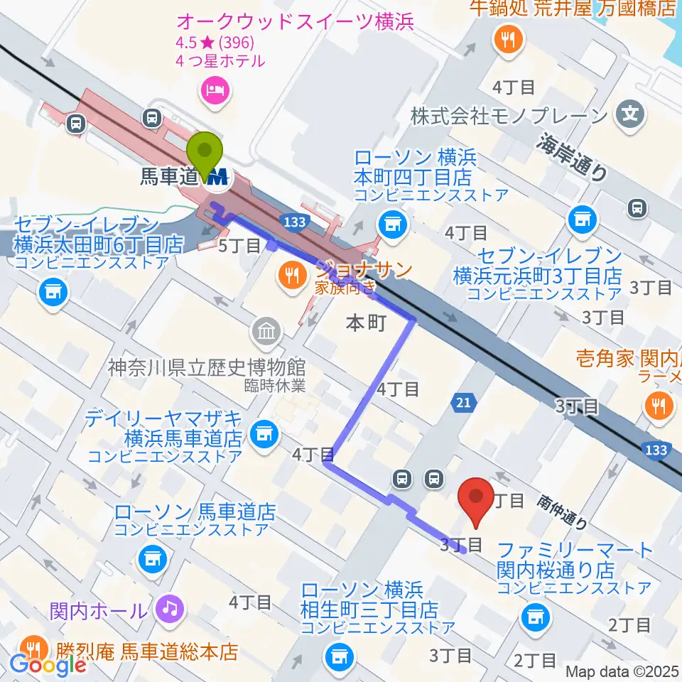 弁天スタジオの最寄駅馬車道駅からの徒歩ルート（約5分）地図