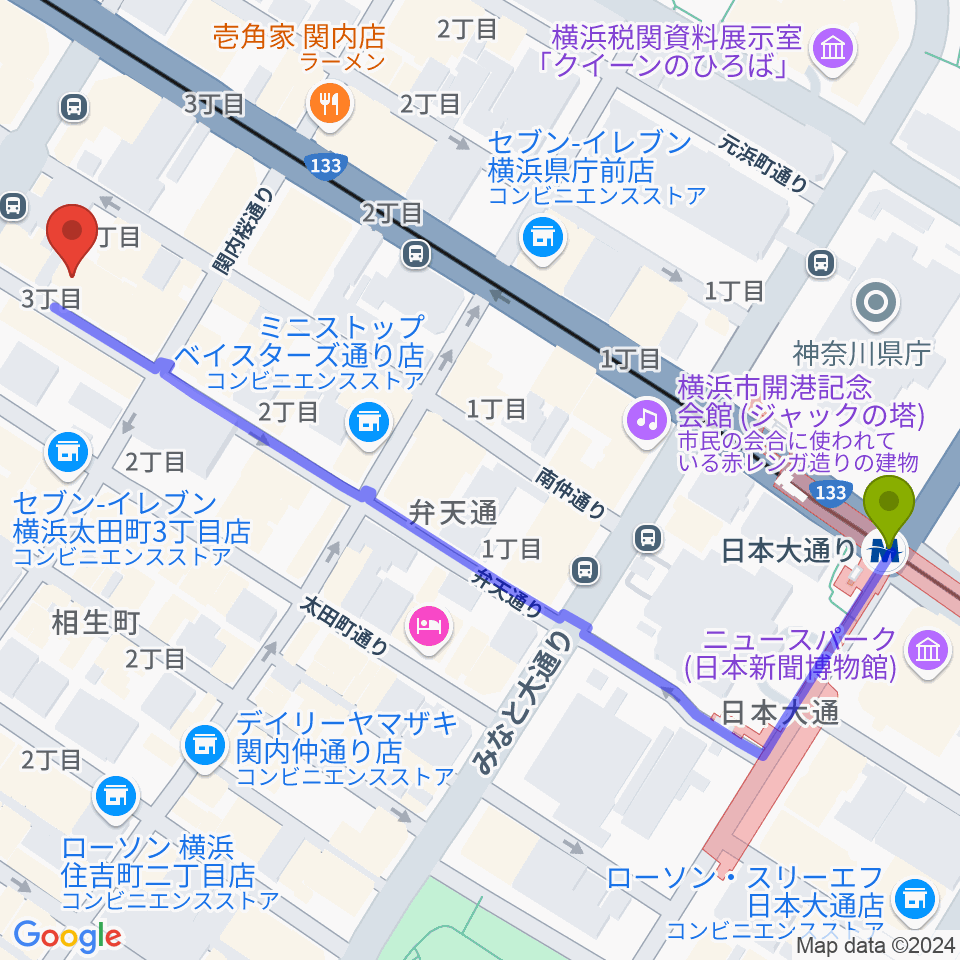 日本大通り駅から弁天スタジオへのルートマップ地図