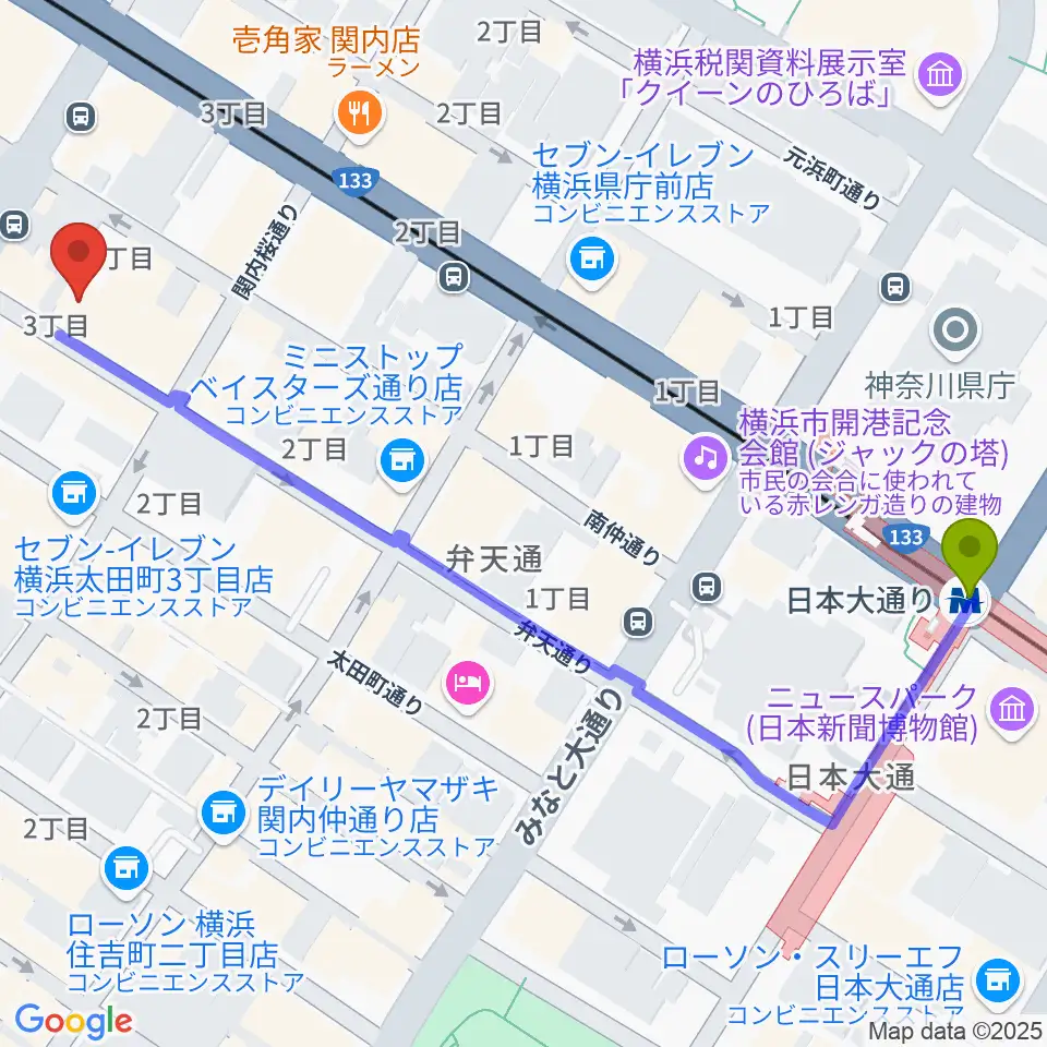 日本大通り駅から弁天スタジオへのルートマップ地図