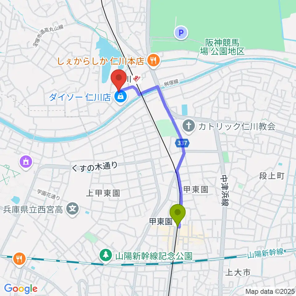 甲東園駅から秋谷ミュージックアートへのルートマップ地図