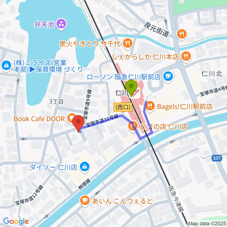 秋谷ミュージックアートの最寄駅仁川駅からの徒歩ルート（約2分）地図