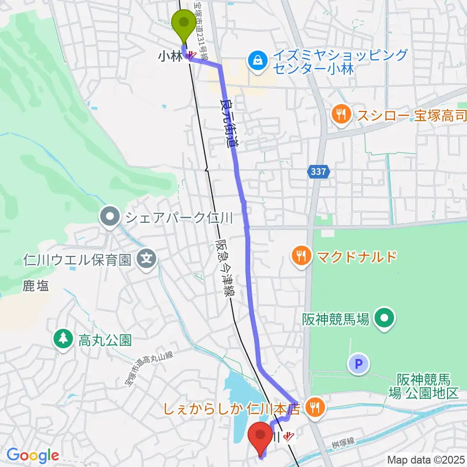 小林駅から秋谷ミュージックアートへのルートマップ地図