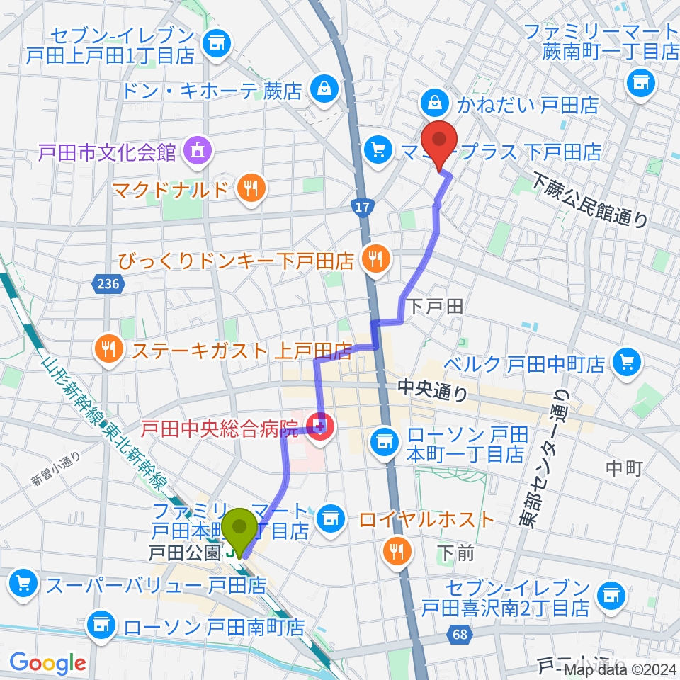 熊木ピアノ教室の最寄駅戸田公園駅からの徒歩ルート（約20分）地図