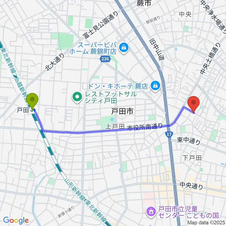 戸田駅から熊木ピアノ教室へのルートマップ地図