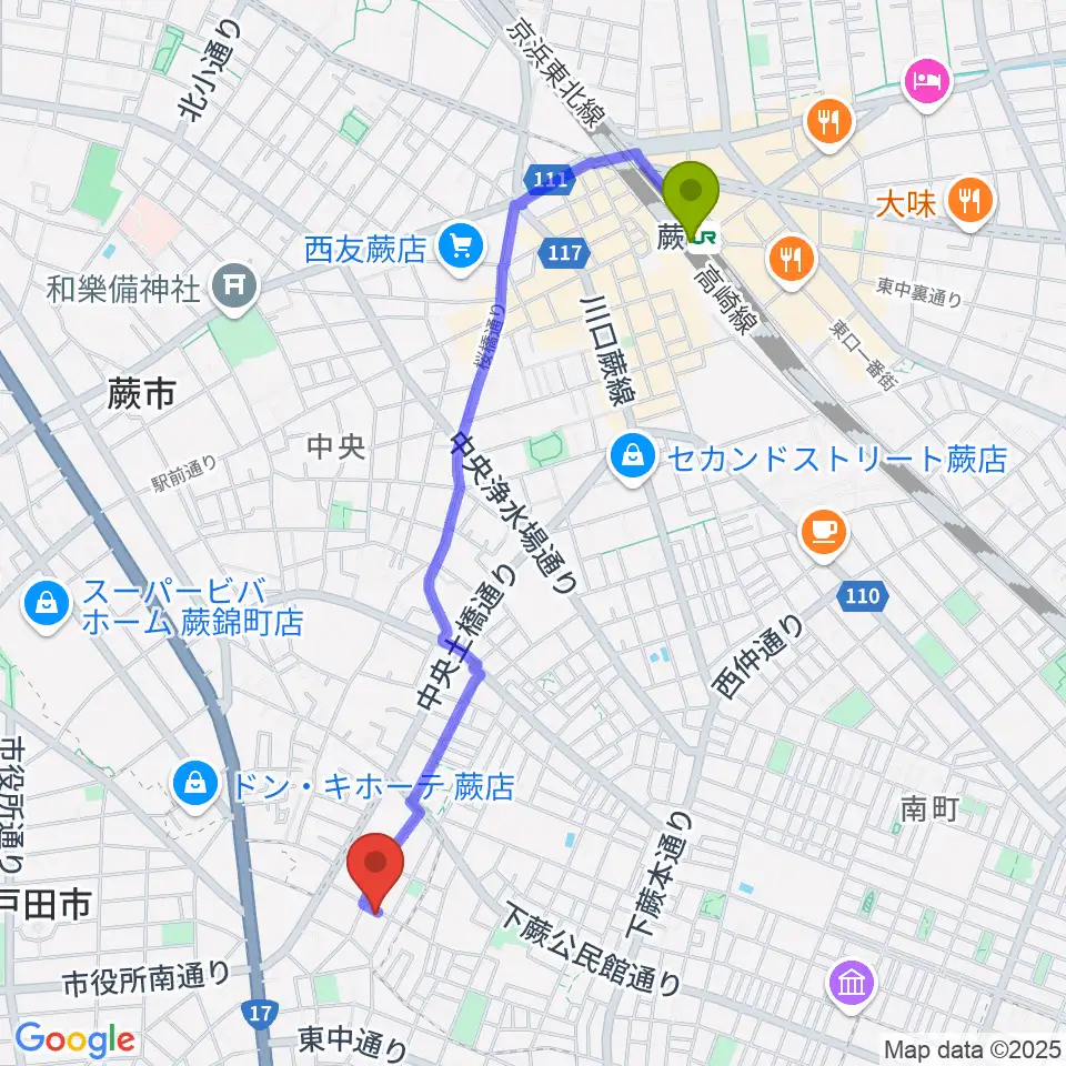 蕨駅から熊木ピアノ教室へのルートマップ地図