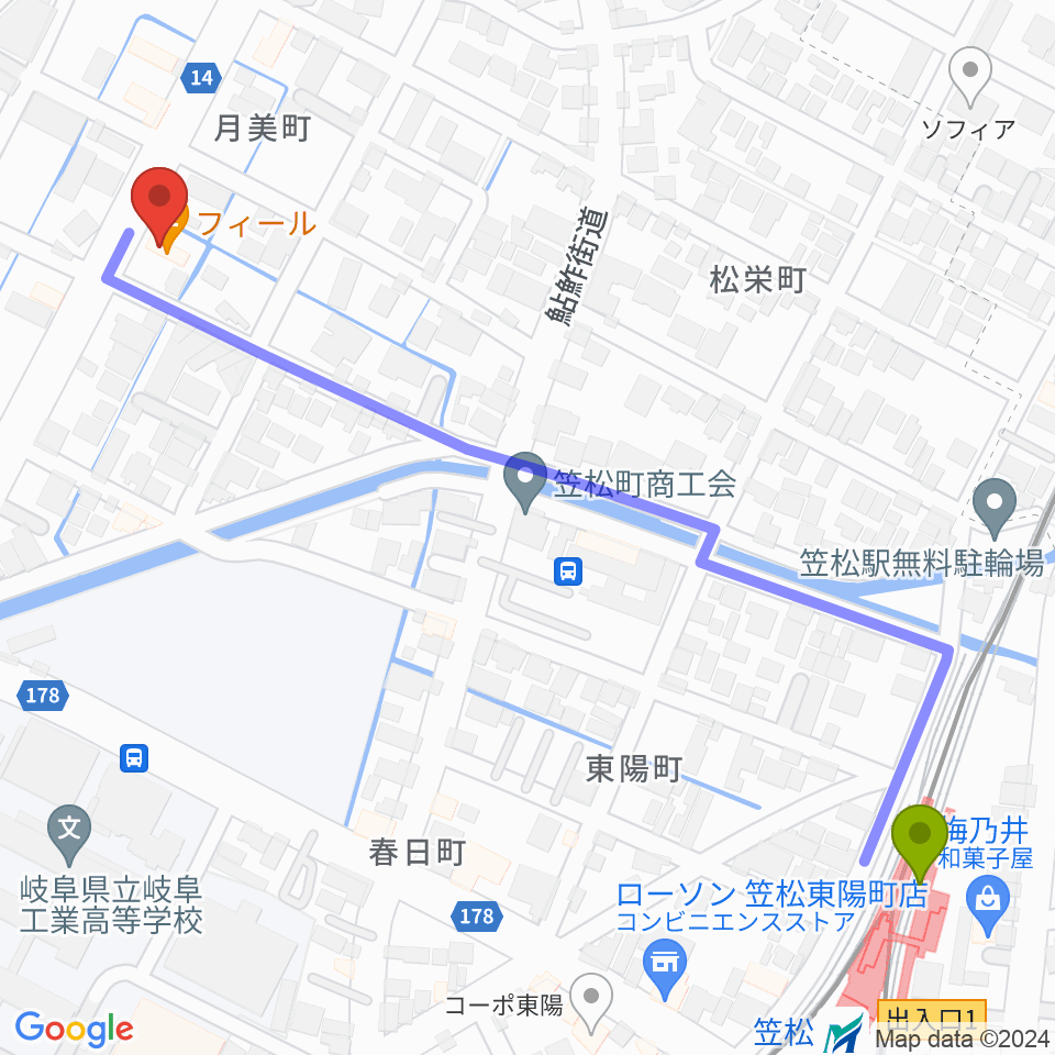 関根希美子音楽研究会の最寄駅笠松駅からの徒歩ルート（約7分）地図