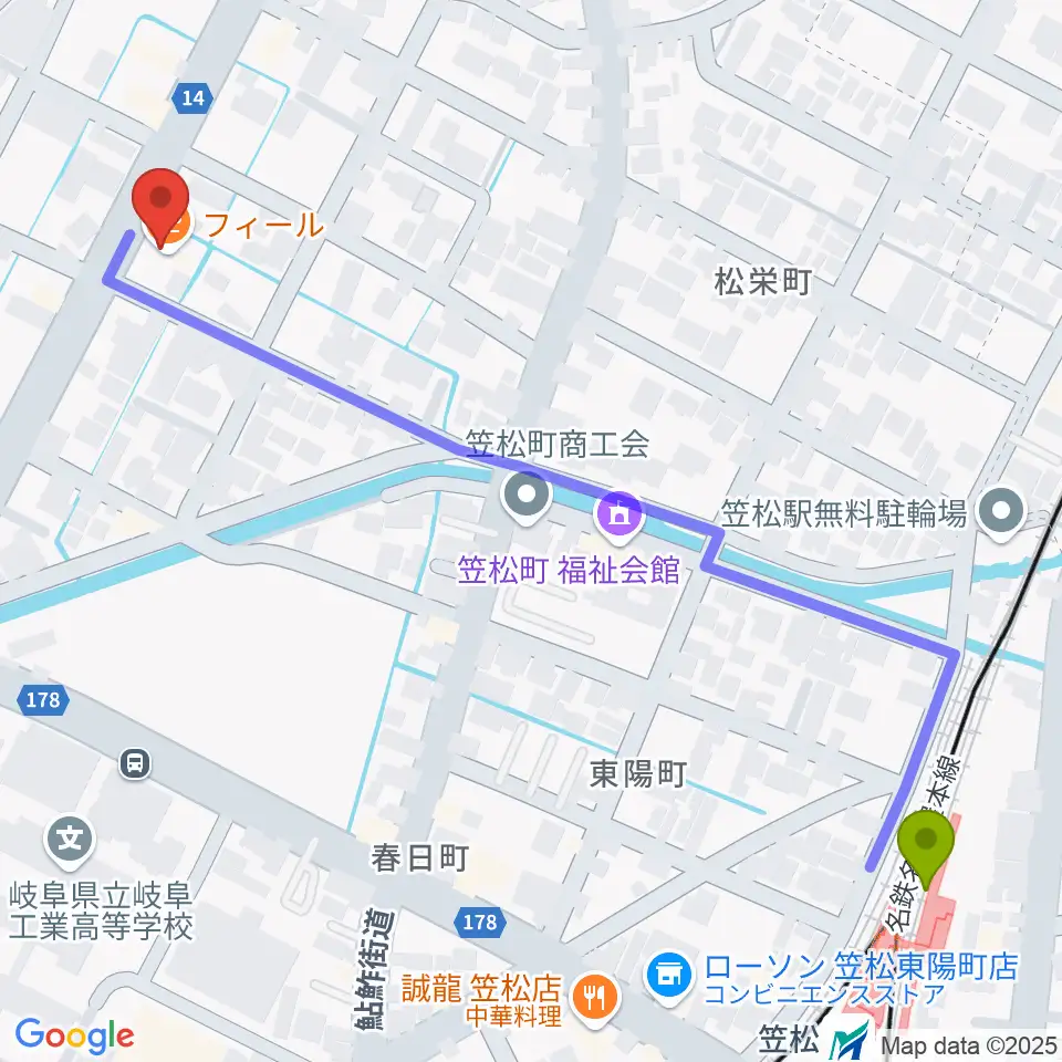 関根希美子音楽研究会の最寄駅笠松駅からの徒歩ルート（約7分）地図