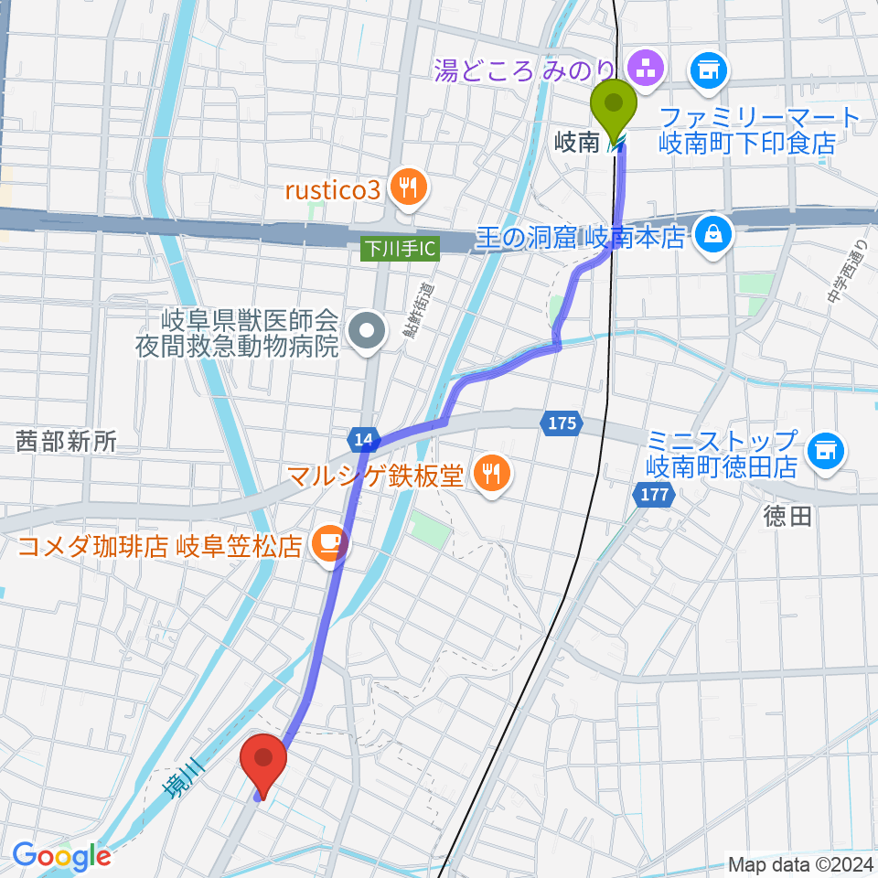 岐南駅から関根希美子音楽研究会へのルートマップ地図