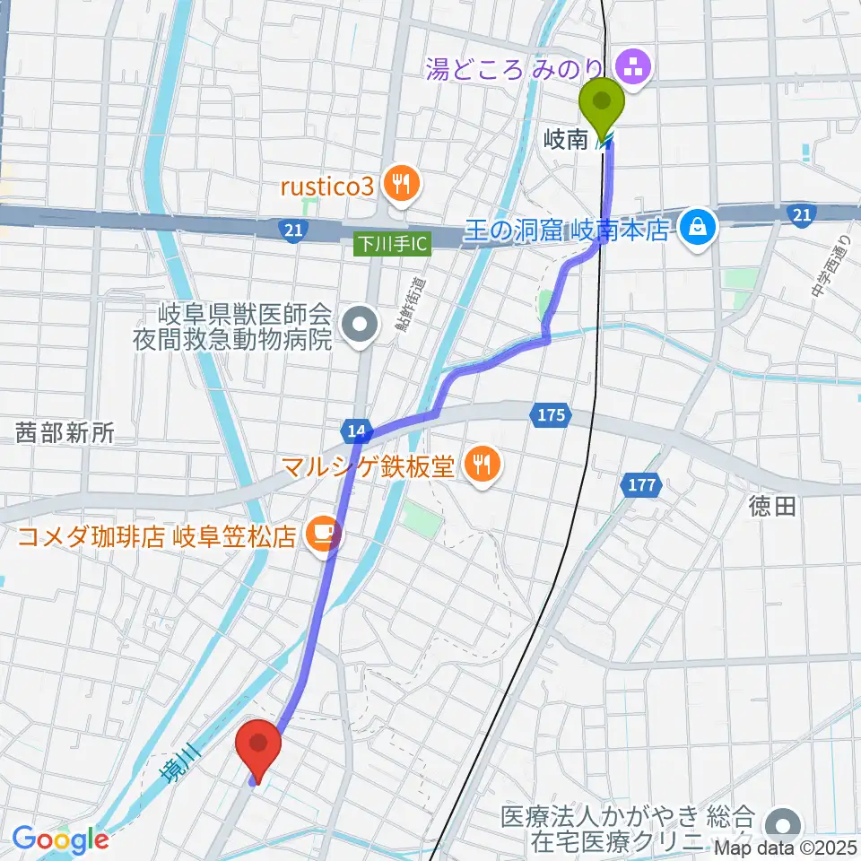 岐南駅から関根希美子音楽研究会へのルートマップ地図