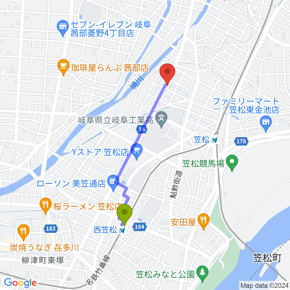 西笠松駅から関根希美子音楽研究会へのルートマップ地図