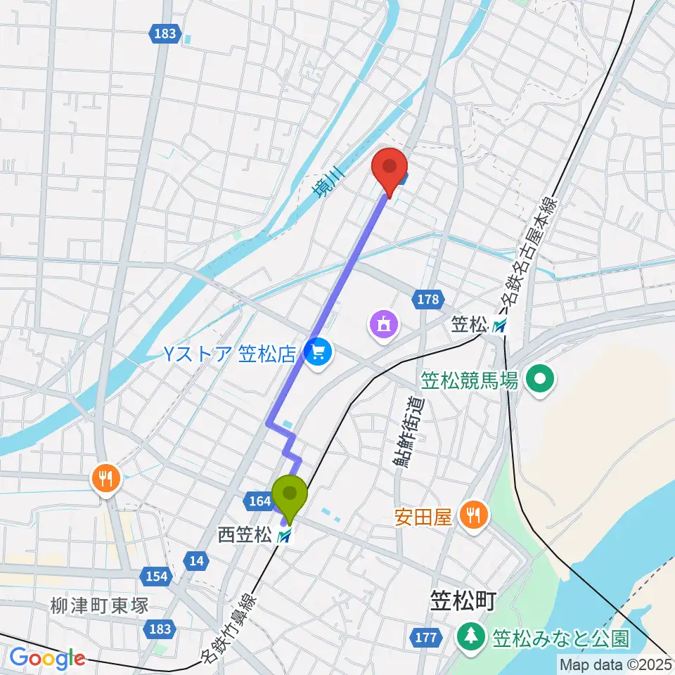 西笠松駅から関根希美子音楽研究会へのルートマップ地図