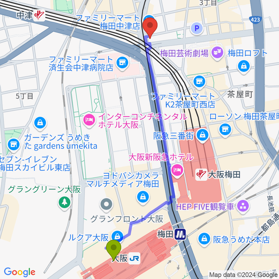 大阪駅からロキシー・ミュージック・スクール梅田校へのルートマップ地図