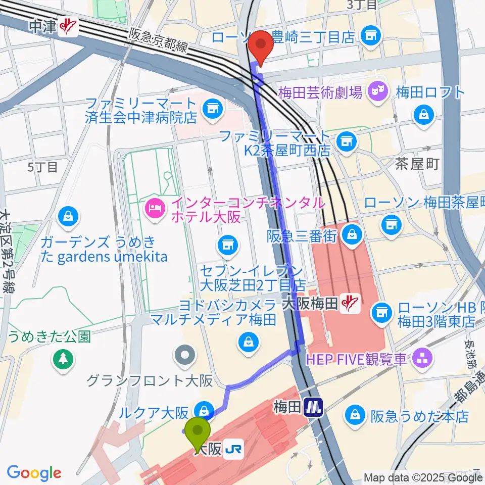 大阪駅からロキシー・ミュージック・スクール梅田校へのルートマップ地図