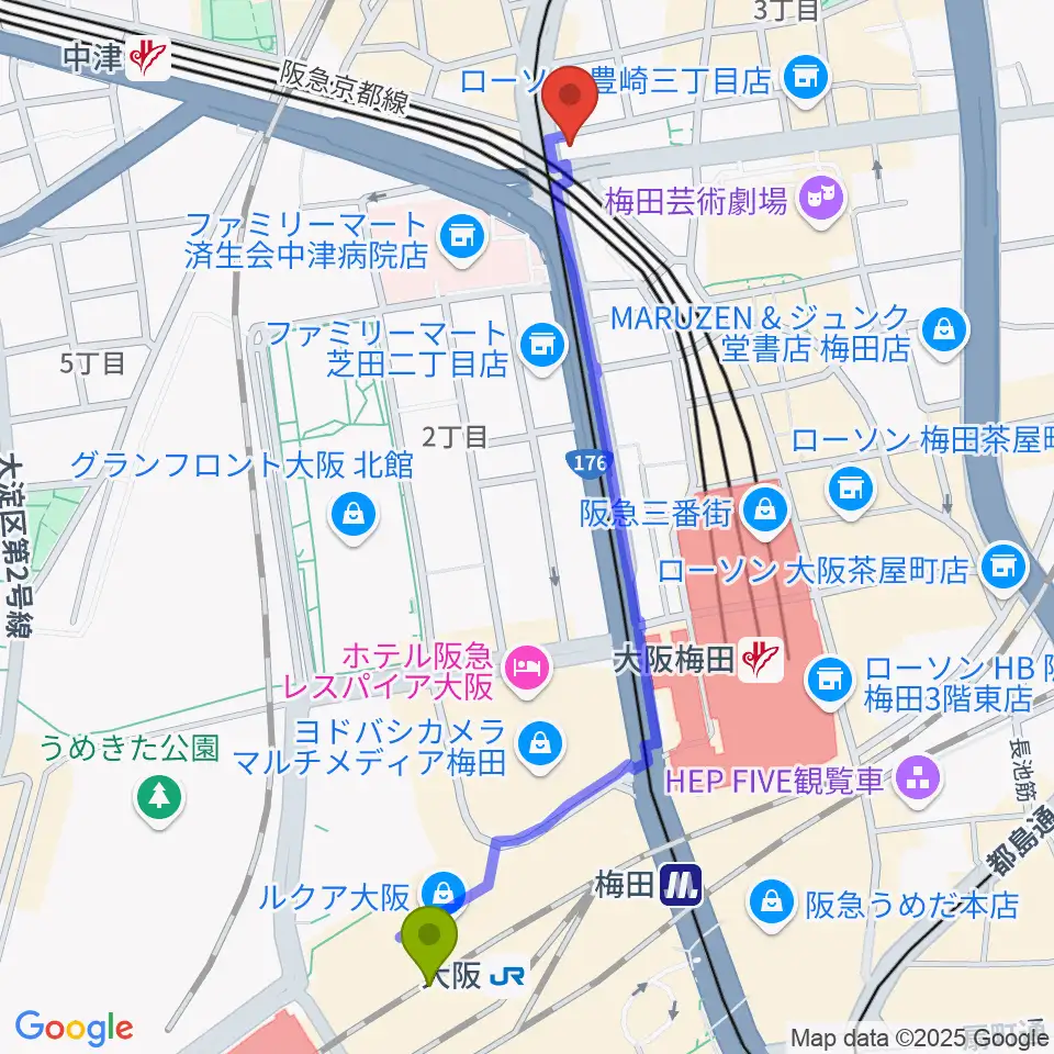 大阪駅からロキシーミュージックスクール大阪梅田校へのルートマップ地図