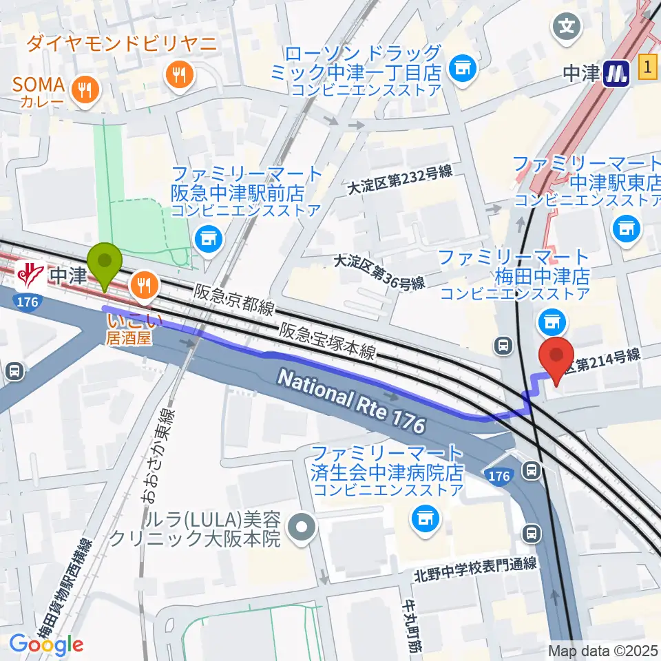 中津駅からロキシー・ミュージック・スクール梅田校へのルートマップ地図