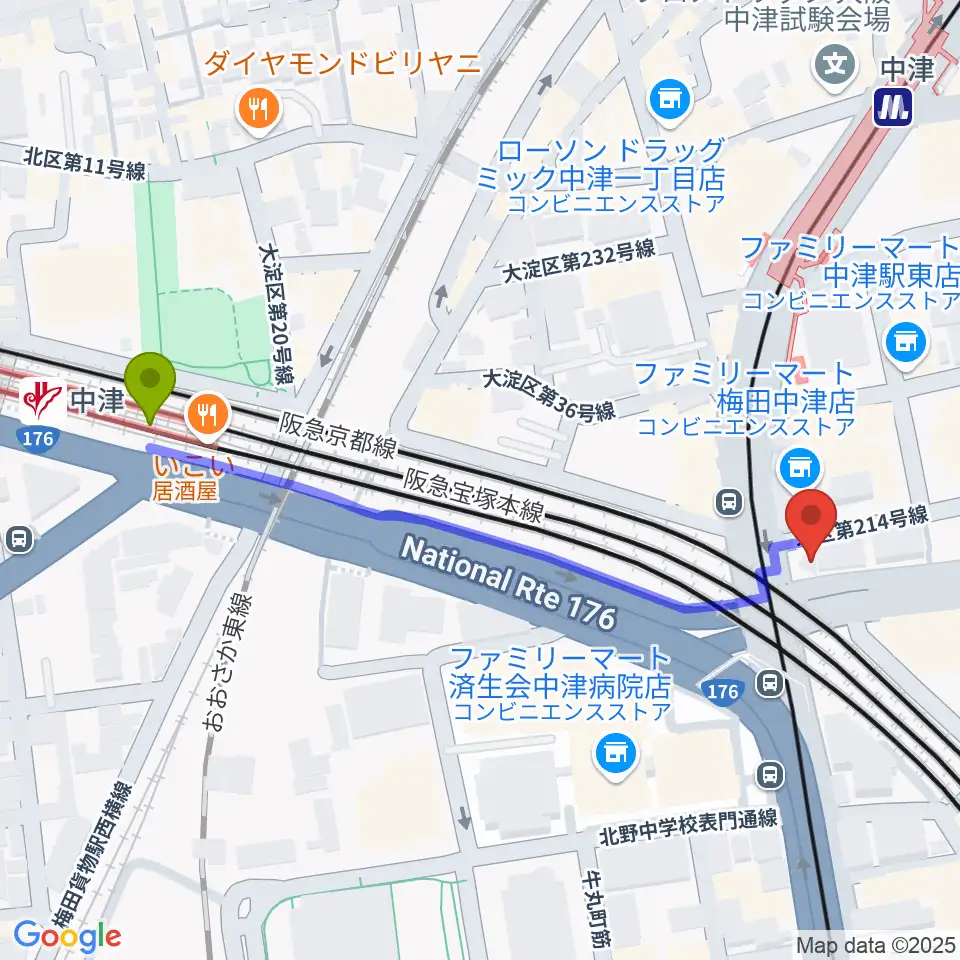 中津駅からロキシーミュージックスクール大阪梅田校へのルートマップ地図