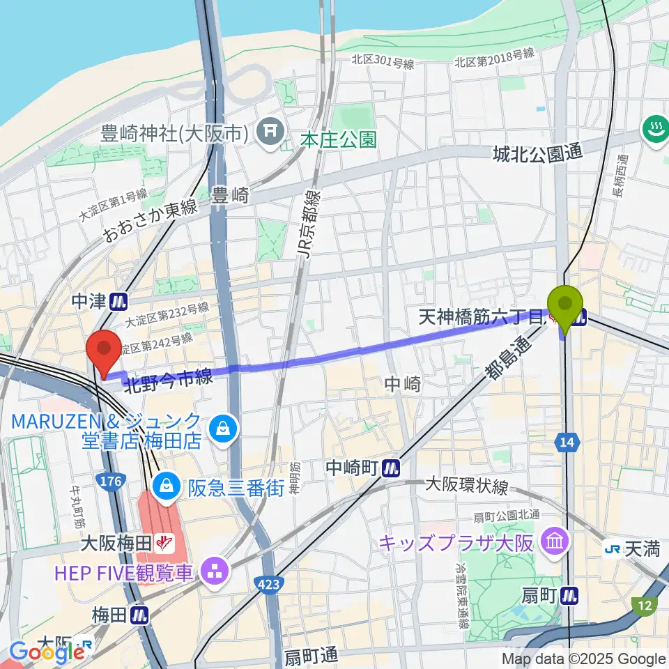天神橋筋六丁目駅からロキシーミュージックスクール大阪梅田校へのルートマップ地図