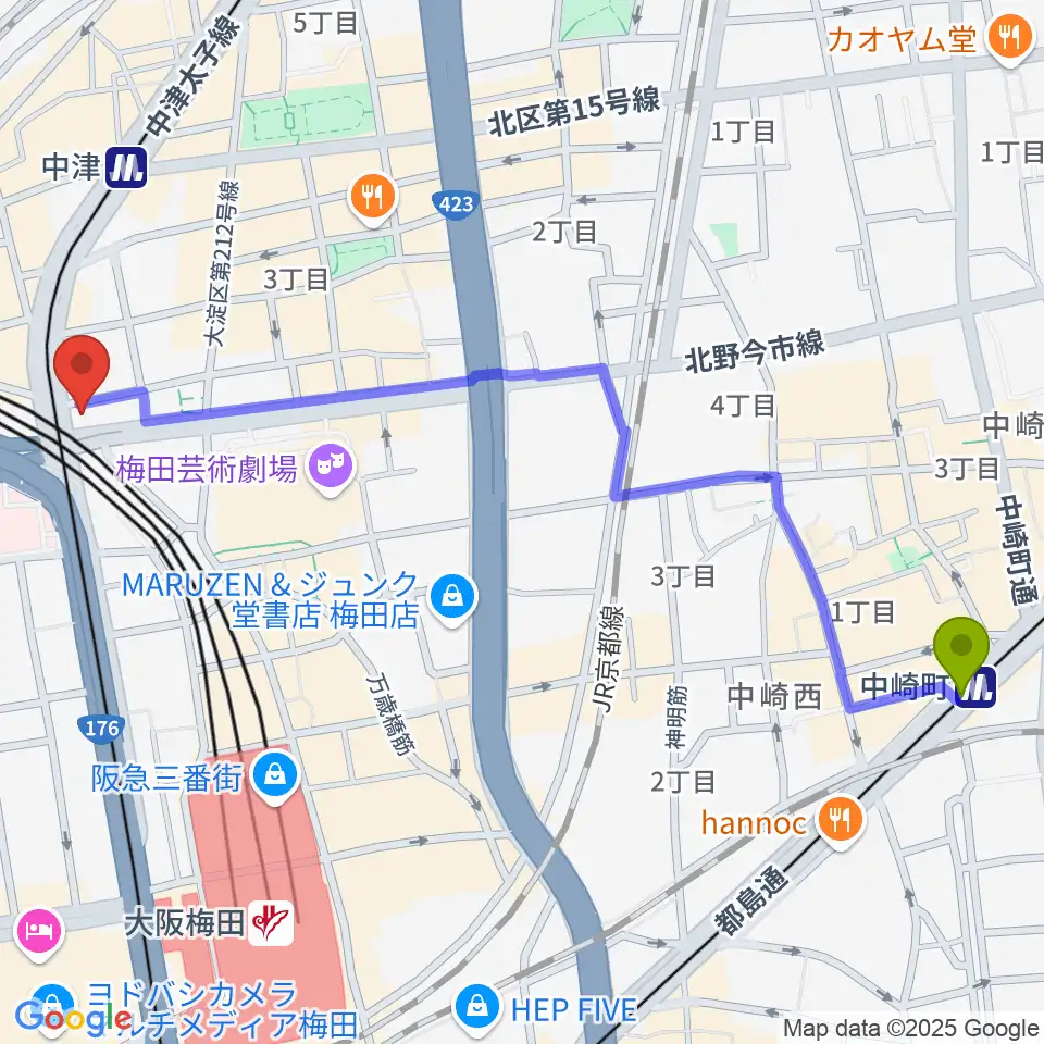 中崎町駅からロキシーミュージックスクール大阪梅田校へのルートマップ地図