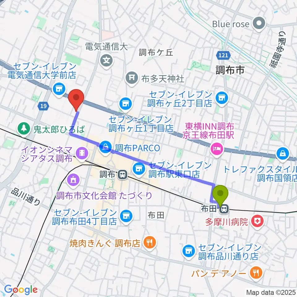 布田駅からちょうふ音楽教室へのルートマップ地図