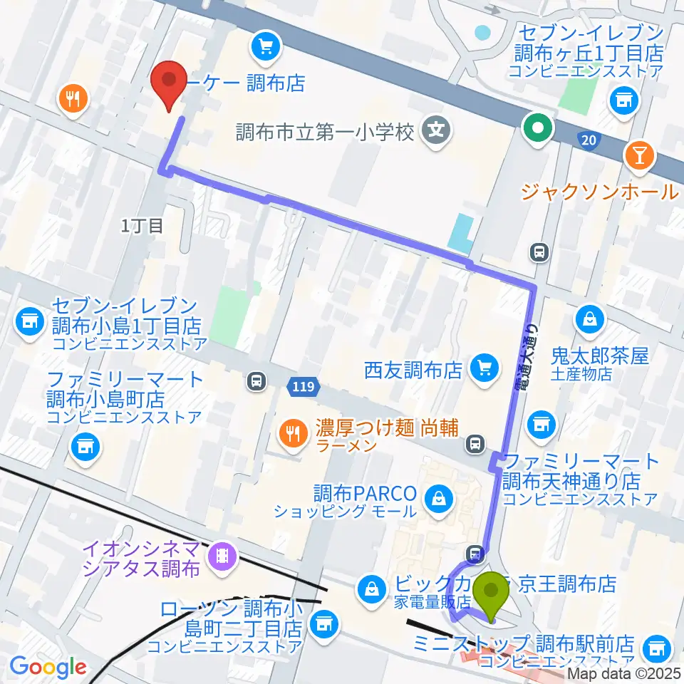 ちょうふ音楽教室の最寄駅調布駅からの徒歩ルート（約7分）地図