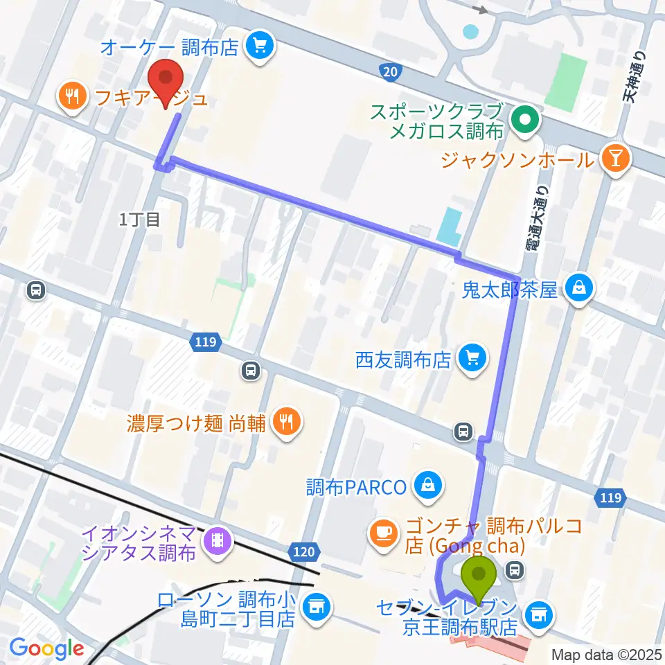 ちょうふ音楽教室の最寄駅調布駅からの徒歩ルート（約7分）地図