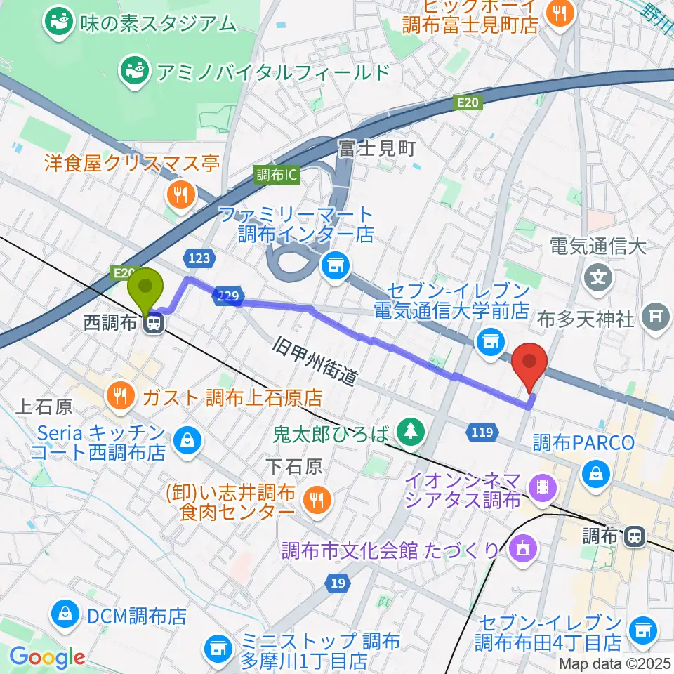 西調布駅からちょうふ音楽教室へのルートマップ地図