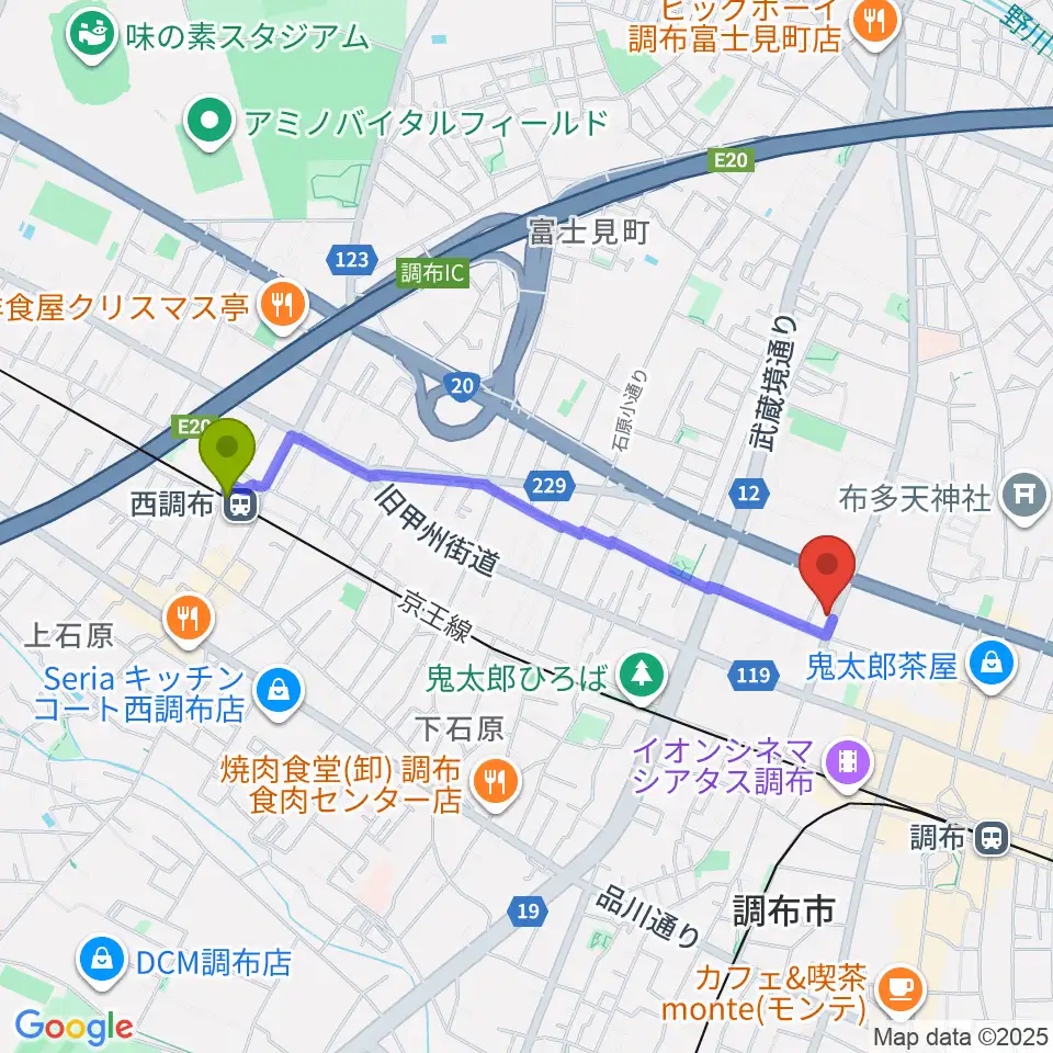 西調布駅からちょうふ音楽教室へのルートマップ地図