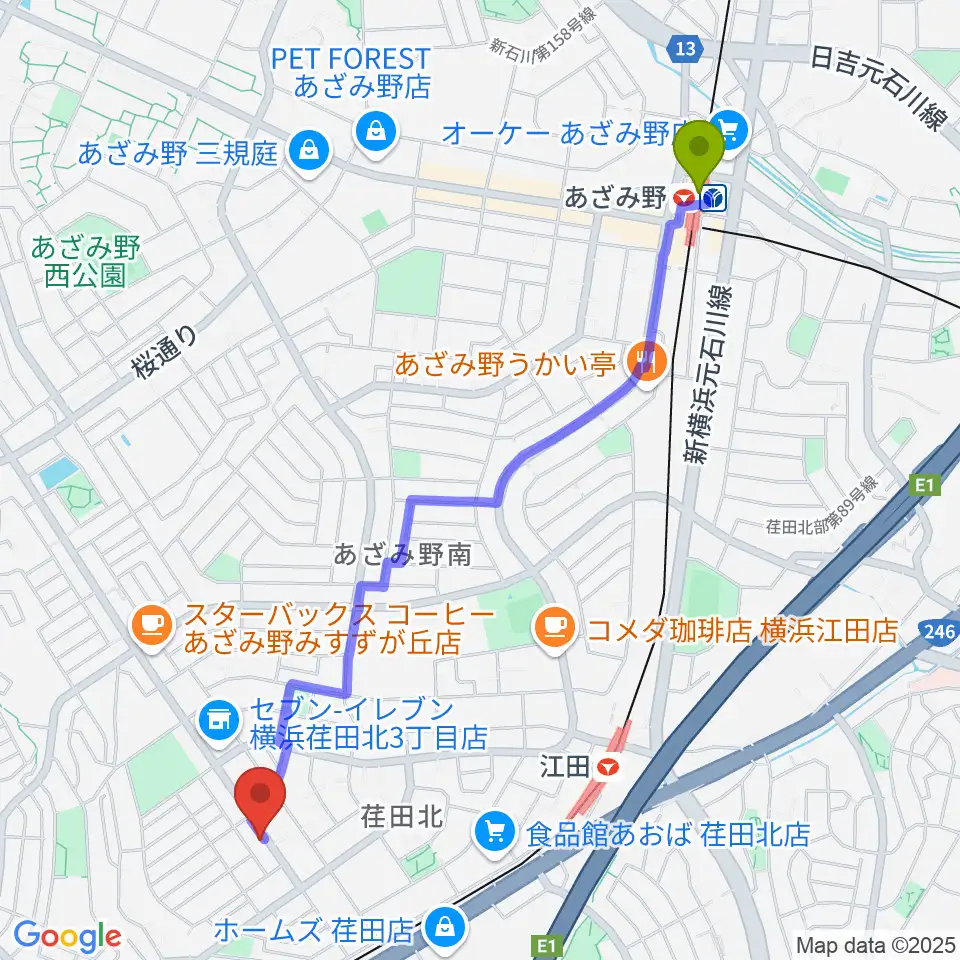 あざみ野駅から青葉マンドリン教室へのルートマップ地図