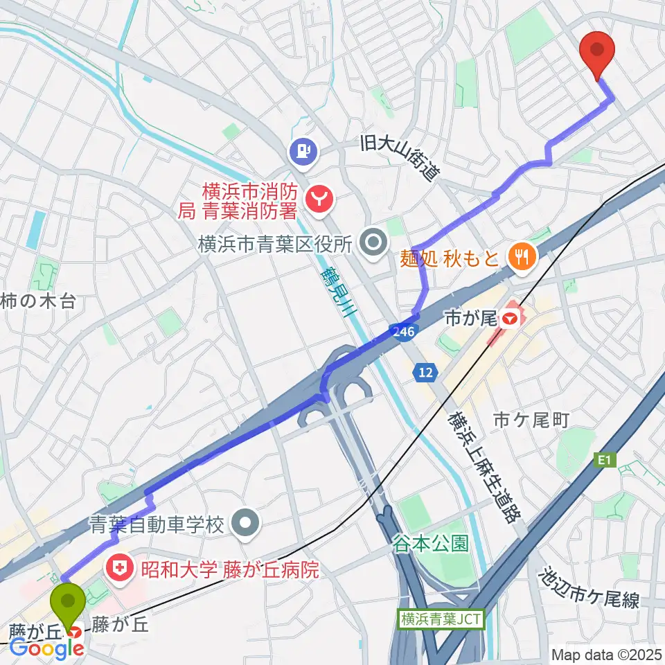 藤が丘駅から青葉マンドリン教室へのルートマップ地図