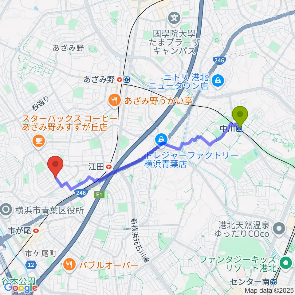 中川駅から青葉マンドリン教室へのルートマップ地図