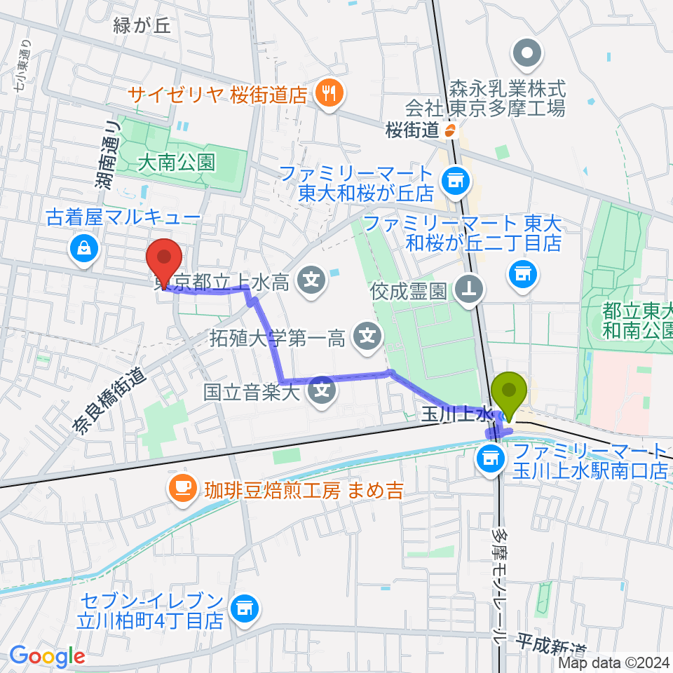 玉川上水駅からステラ音楽教室 玉川上水教室へのルートマップ地図