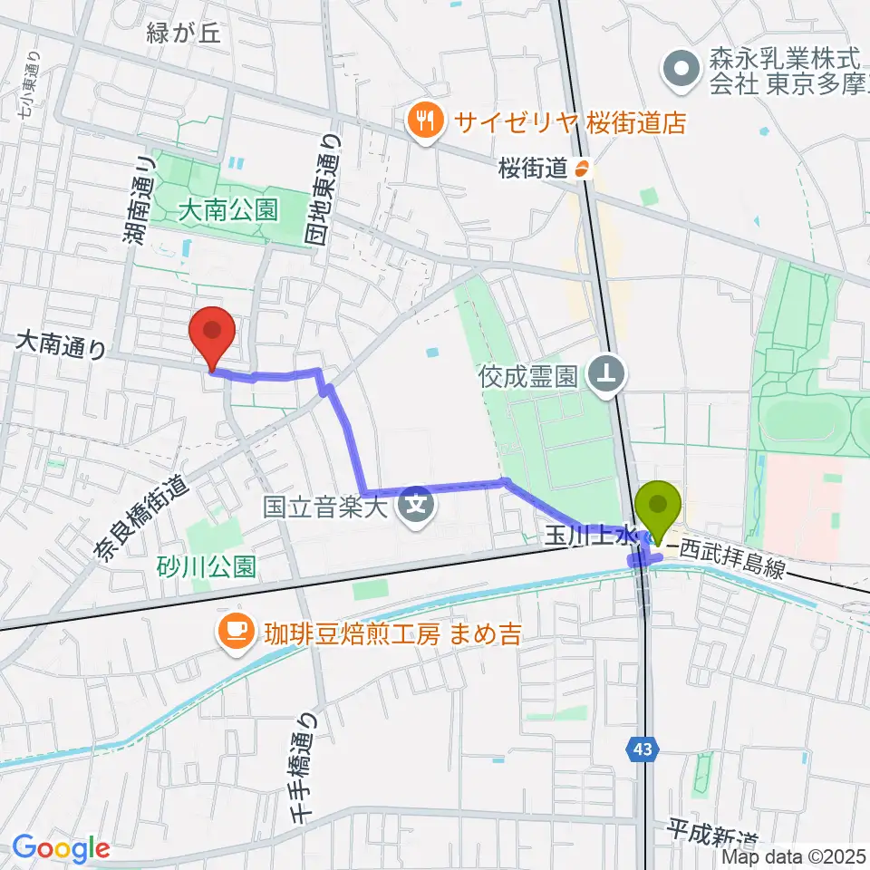 玉川上水駅からステラ音楽教室 玉川上水教室へのルートマップ地図