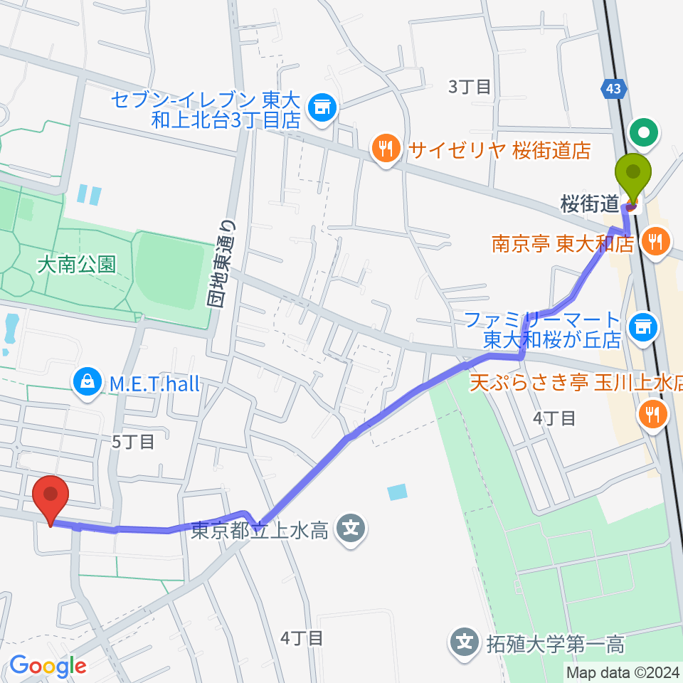 ステラ音楽教室 玉川上水教室の最寄駅桜街道駅からの徒歩ルート（約15分）地図