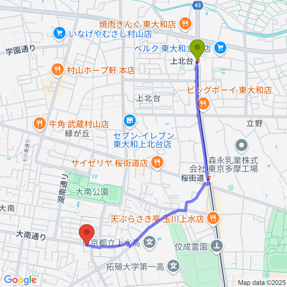 上北台駅からステラ音楽教室 玉川上水教室へのルートマップ地図