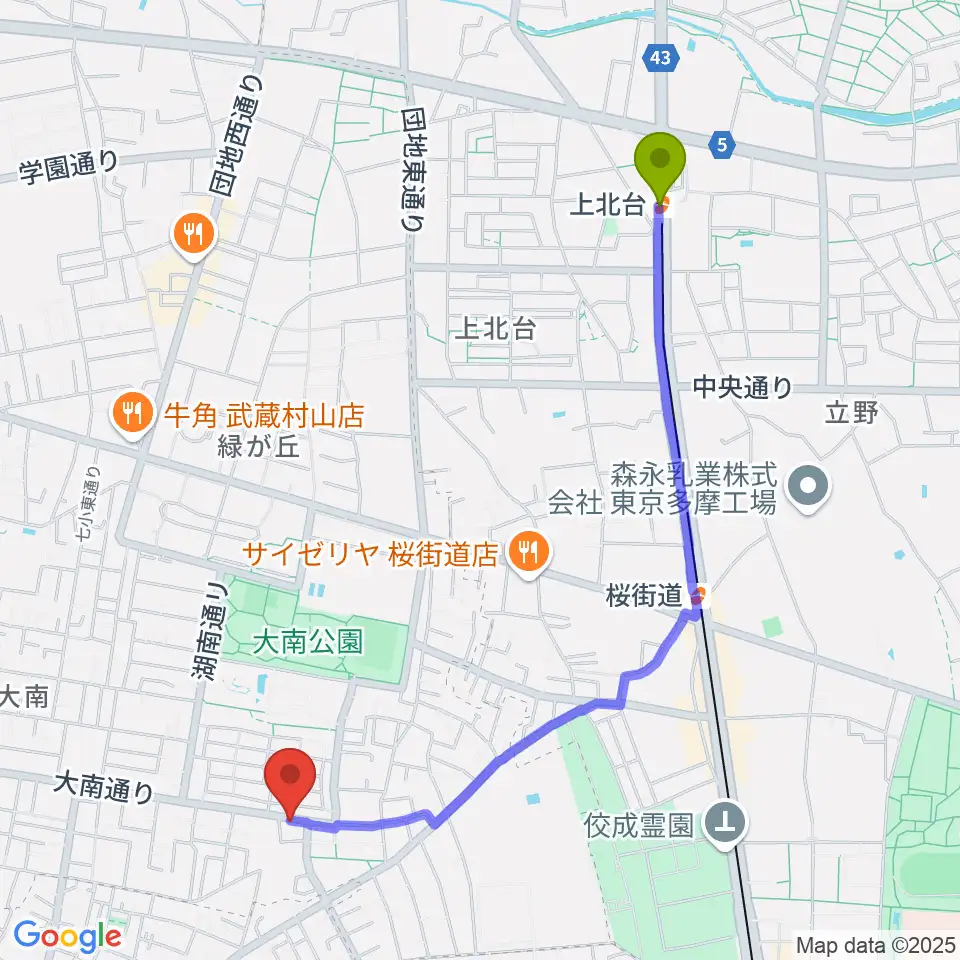 上北台駅からステラ音楽教室 玉川上水教室へのルートマップ地図