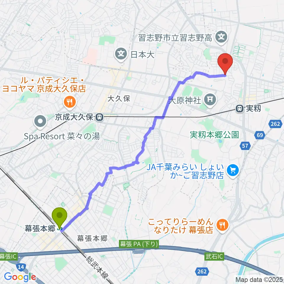 幕張本郷駅からギター1曲マスター教室へのルートマップ地図