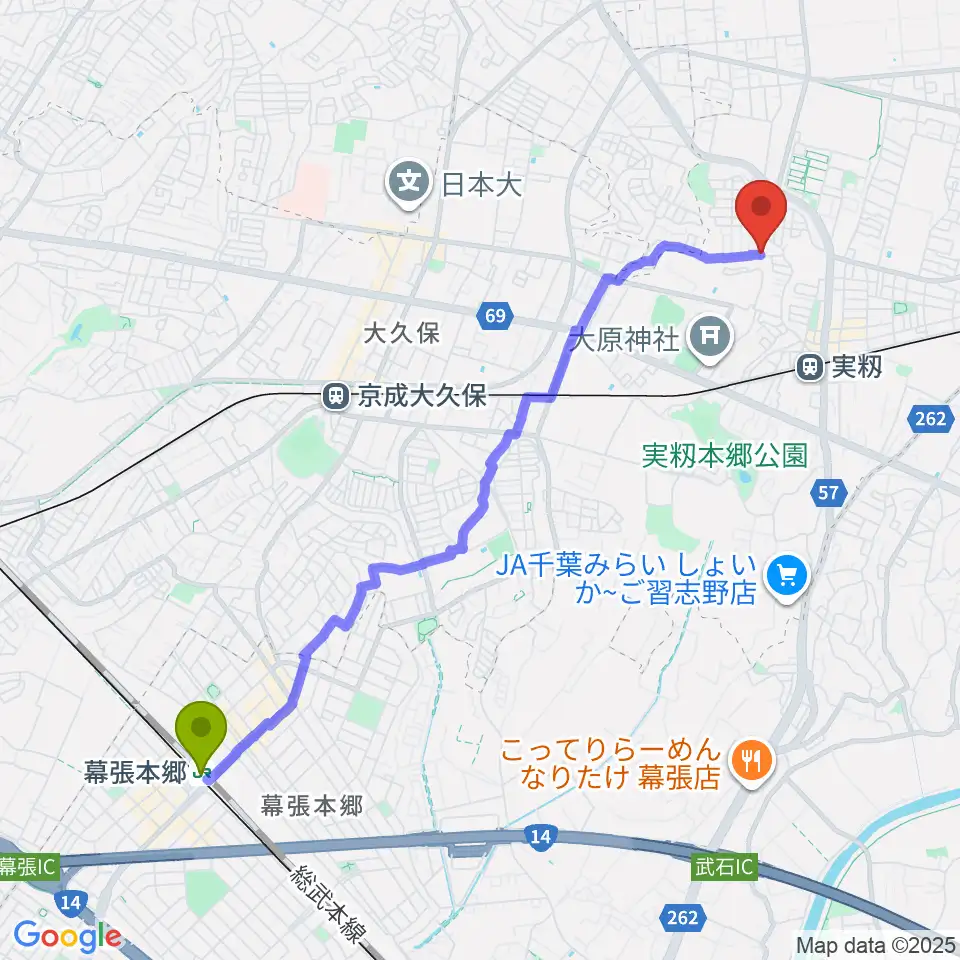 幕張本郷駅からギター1曲マスター教室へのルートマップ地図
