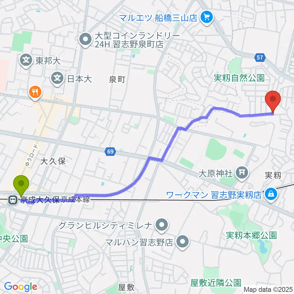 京成大久保駅からギター1曲マスター教室へのルートマップ地図