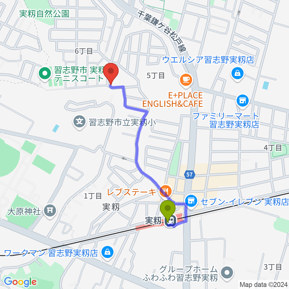 ギター1曲マスター教室の最寄駅実籾駅からの徒歩ルート（約8分）地図