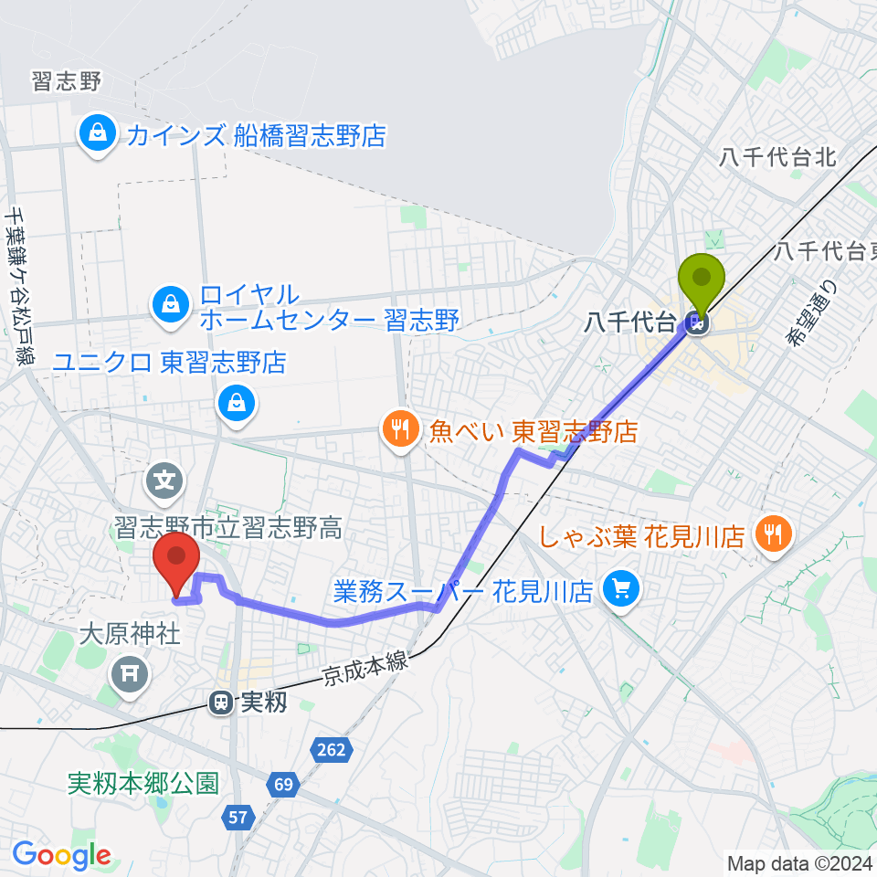 八千代台駅からギター1曲マスター教室へのルートマップ地図